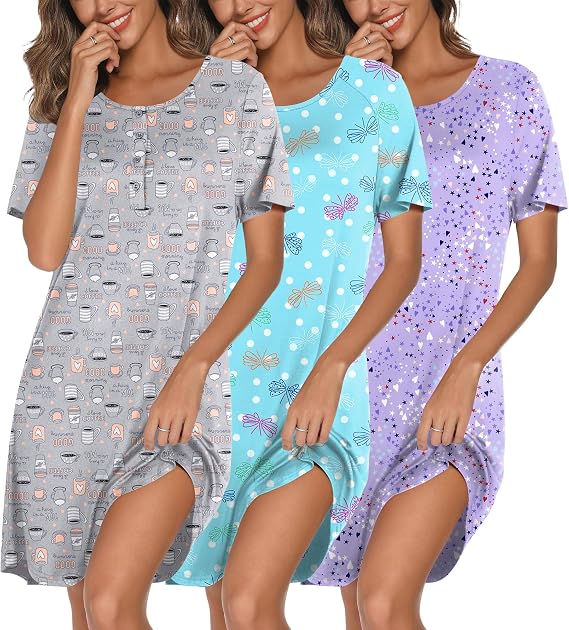 Ekouaer Paquete de 3 Camisones para Mujer de Manga Corta Camisón Abotonado