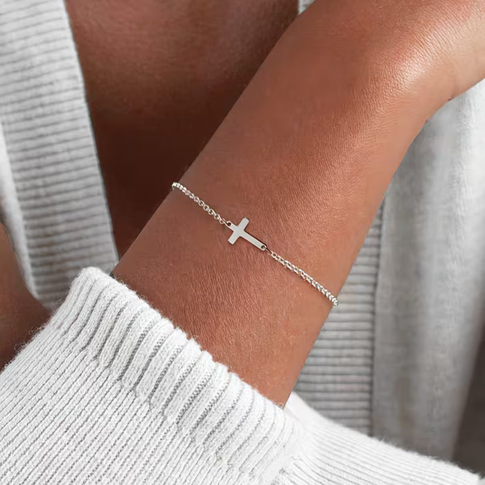 Pulsera de cadena con cruz de acero inoxidable, elegante y minimalista, para mujer