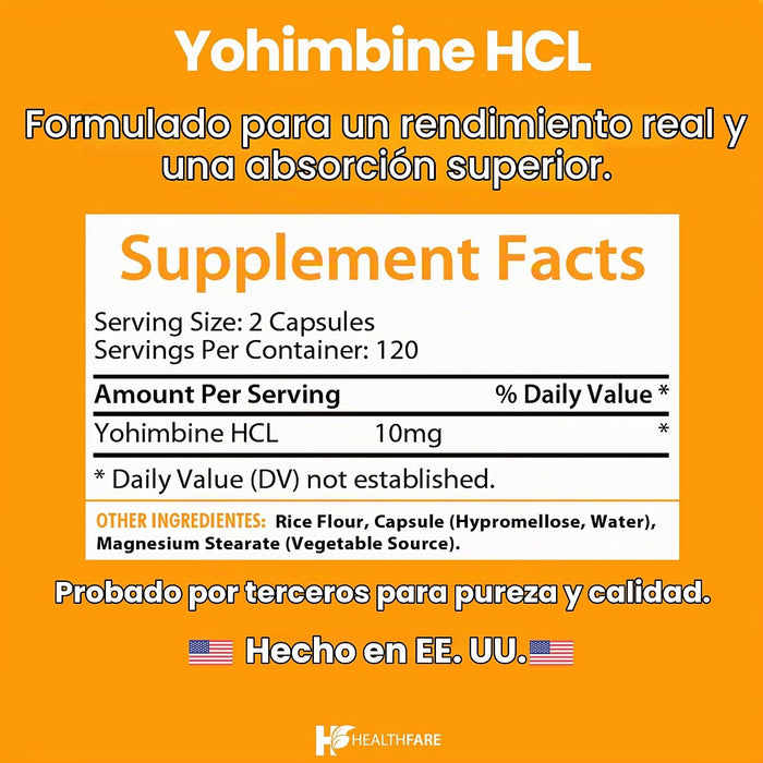 Healthfare Yohimbine HCL 10mg, 240 cápsulas veganas