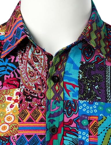 PARKLEES Camisa para hombres de algodón y lino con patrón vintage estampado estilo antiguo