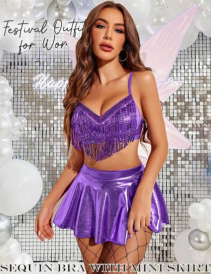 Avidlove Conjunto de 3 piezas para rave para mujer, de piel sintética, con flecos y lentejuelas