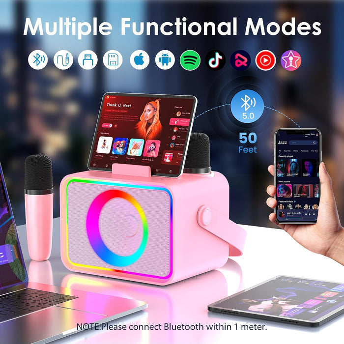 Máquina de karaoke, altavoz Bluetooth portátil con 2 micrófonos inalámbricos para adultos y niños con luces LED