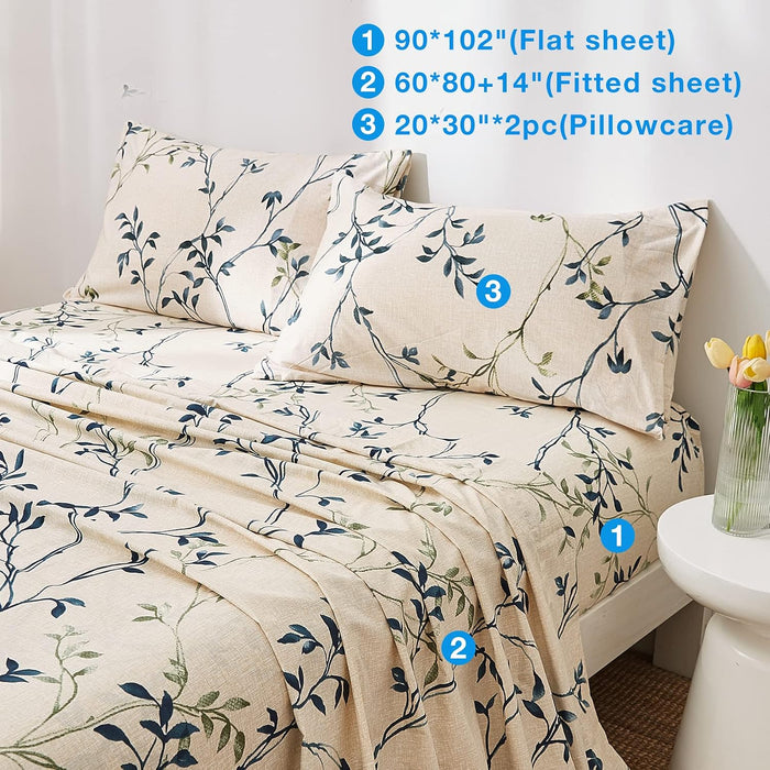 Juego de sábanas JSD Beige Leaves Print tamaño matrimonial, 4 piezas, sábanas suaves de microfibra