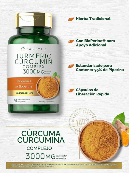Carlyle Curcumina de cúrcuma con pimienta negra 90 cápsulas en polvo