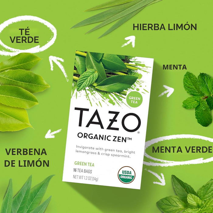 TAZO Té verde Zen orgánico, té con cafeína con hierba de limón refrescante 16 bolsas