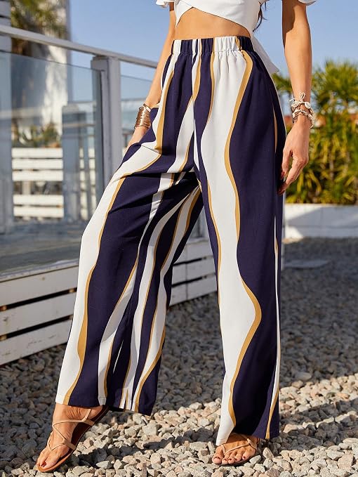 Pantalón de pierna ancha con estampado a rayas de cintura alta