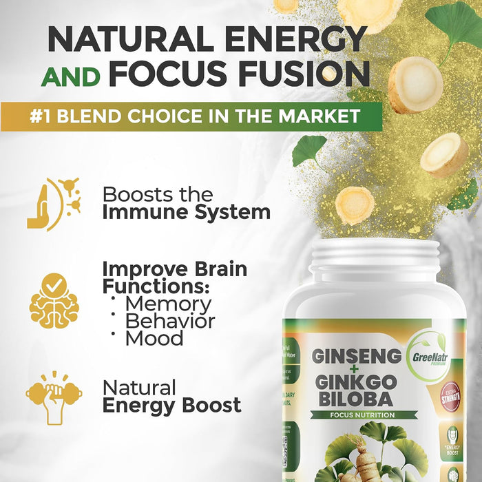 GreeNatr Suplemento de ginko biloba y panax ginseng - Suplemento cerebral de ginseng rojo 120 tabletas