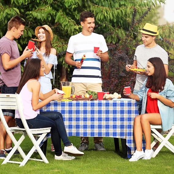 Gatherfun Juego de 3 manteles a cuadros vichy azules y blancos de 54 x 108 pulgadas, desechables e impermeables