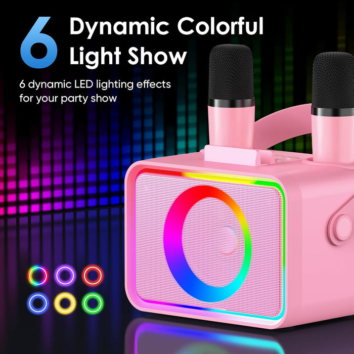 Máquina de karaoke, altavoz Bluetooth portátil con 2 micrófonos inalámbricos para adultos y niños con luces LED