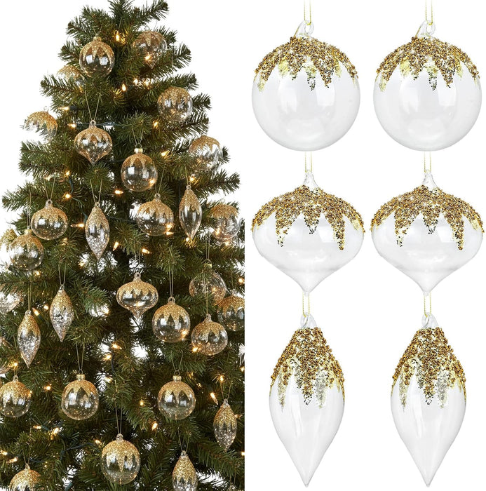 Yerliker 12pcs de adornos de bola de vidrio transparente para Navidad con lentejuelas doradas y brillantes