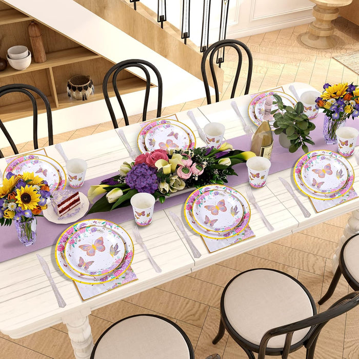 Suministros para fiestas de mariposas: platos, vasos, servilletas, tenedores y decoraciones para 24 invitados