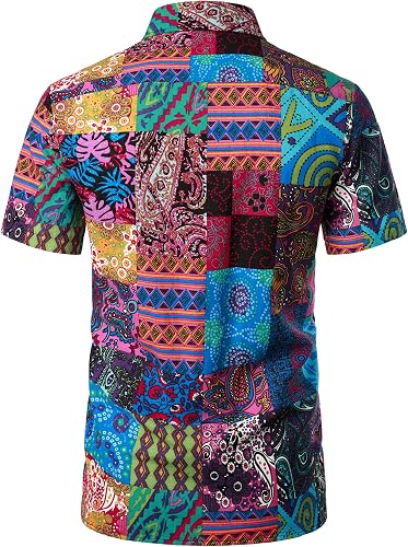 PARKLEES Camisa para hombres de algodón y lino con patrón vintage estampado estilo antiguo