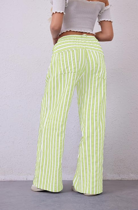Pantalones casuales con cordón a rayas y pierna ancha para mujer