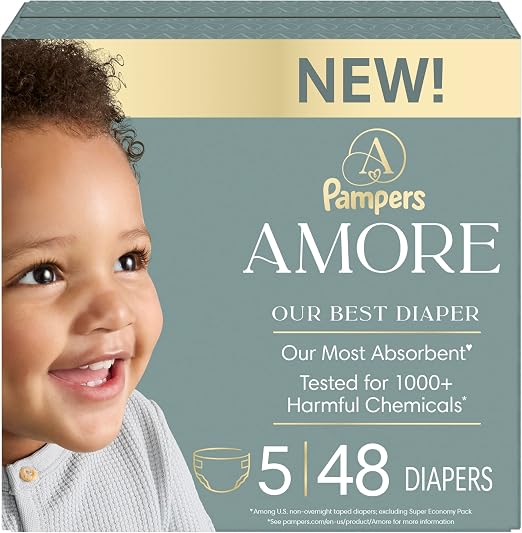 Pampers Amore, Talla 5 (9-17 kg), 48 unidades,hipoalergénico y sin perfume, hasta 100 % a prueba de fugas