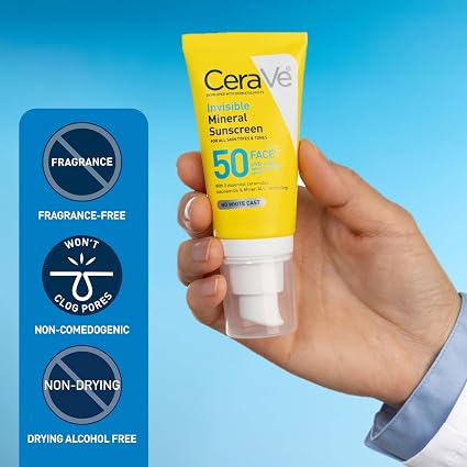 CeraVe Protector solar mineral invisible SPF 50, protector solar facial para piel sensible 48ml