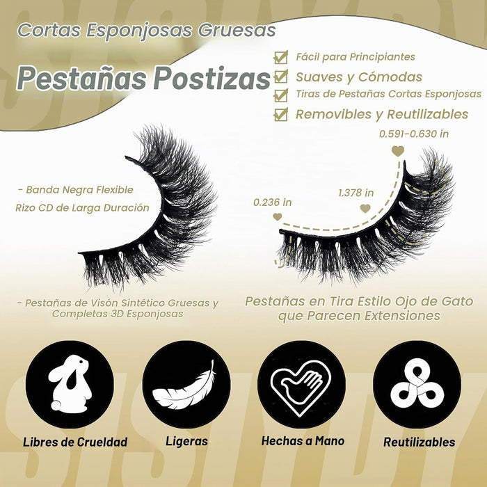 Pestañas postizas cortas y esponjosas de visón estilo ojo de gato de 16 mm para mujer