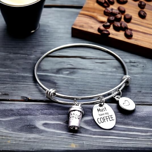 Pulsera extensible de acero inoxidable con dije de café imprescindible
