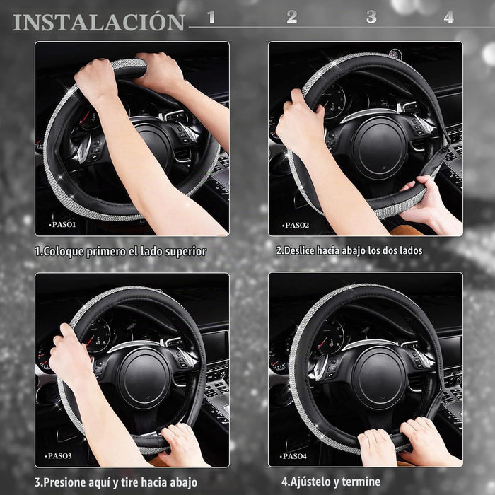 CAR PASS Funda para volante de cuero con diamantes de imitación brillantes 36cm