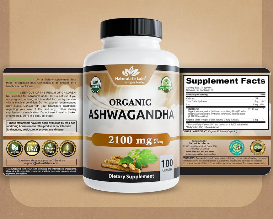 Organic Ashwagandha 100 cápsulas de vegetarianas, 100% puro extracto orgánico