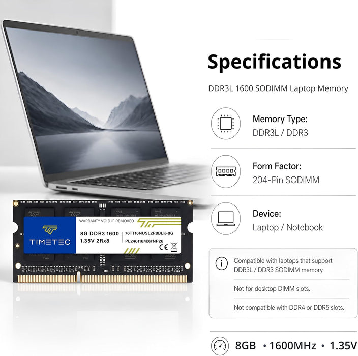 Timetec Módulo de memoria RAM de 8 GB DDR3L / DDR3 1600 MHz (DDR3L-1600)
