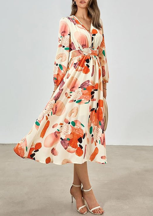 PRETTYGARDEN - Vestido midi floral de primavera para mujer, informal, de otoño