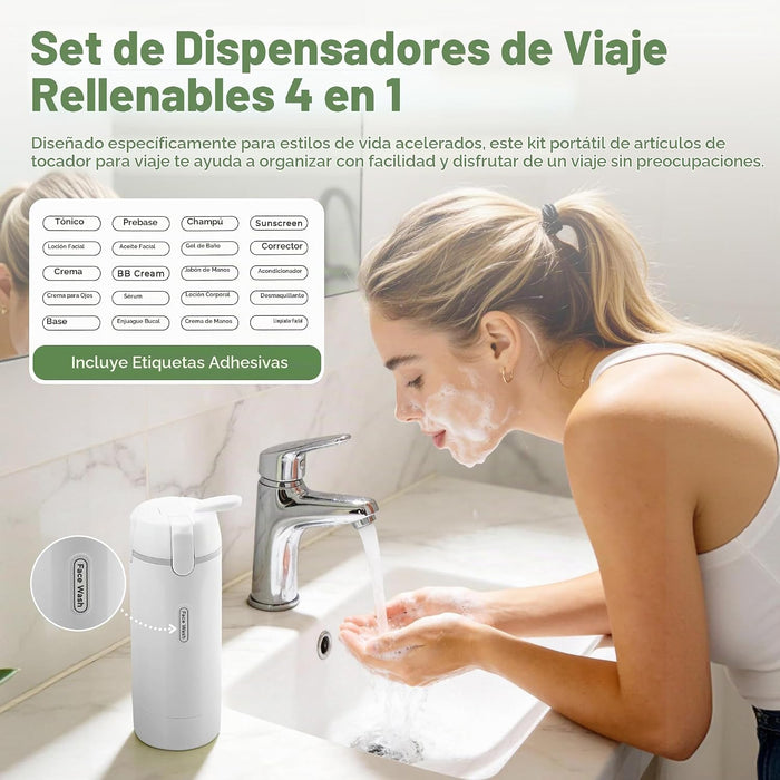 Dispensador de viaje 4 en 1, botellas de champú y acondicionador de viaje recargables a prueba de fugas