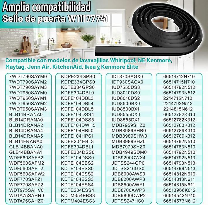 Junta de puerta para lavavajillas W11177741 mejorada, compatible con lavavajillas Whirlpool, Maytag y Kenmore
