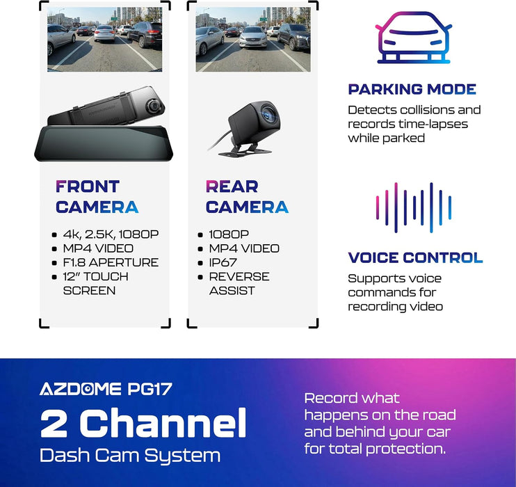 AZDOME PG17 - Cámara de tablero de espejo 4K de 12" frontal y trasera