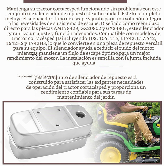 Silenciador con tubo de escape y junta para tractores de césped JD AM138423