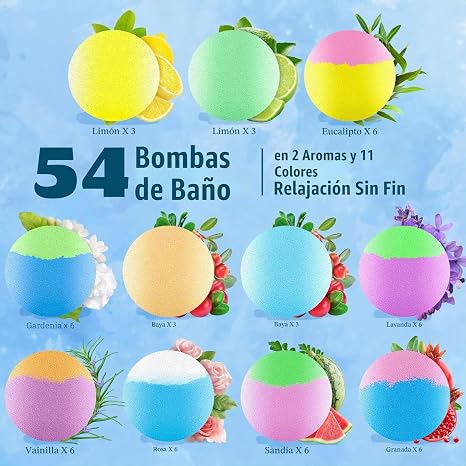 Paquete de 54 bombas de baño hechas a mano, 11 colores vibrantes y 9 aromas únicos