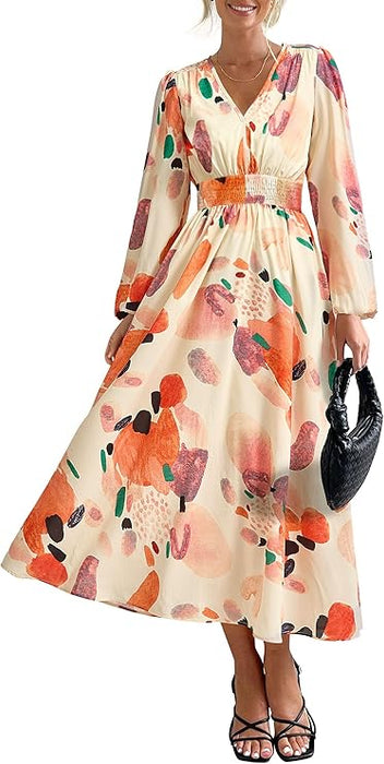 PRETTYGARDEN - Vestido midi floral de primavera para mujer, informal, de otoño