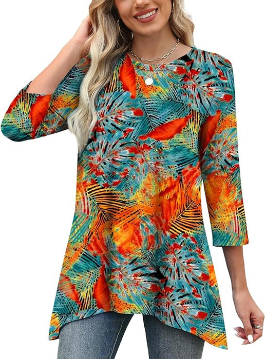 OFEEFAN Playera tipo túnica para mujer, ajuste holgado de manga 3/4 con dobladillo asimétrico