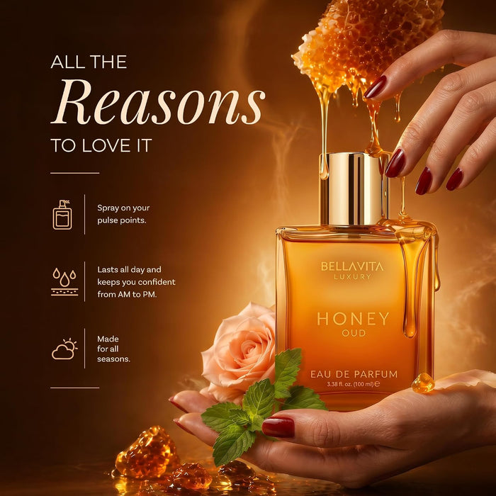 BellaVita Luxury Honey Oud Eau de Parfum (3.4 onzas líquidas) Pachulí, vainilla, bergamota, floral y picante