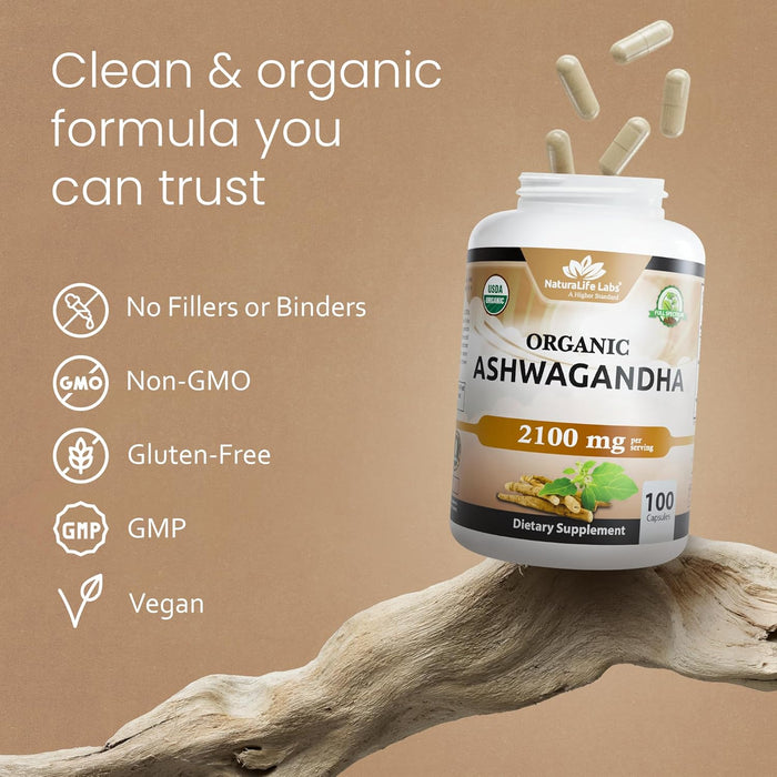 Organic Ashwagandha 100 cápsulas de vegetarianas, 100% puro extracto orgánico