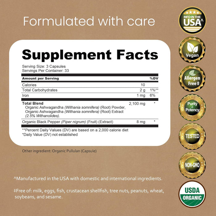 Organic Ashwagandha 100 cápsulas de vegetarianas, 100% puro extracto orgánico
