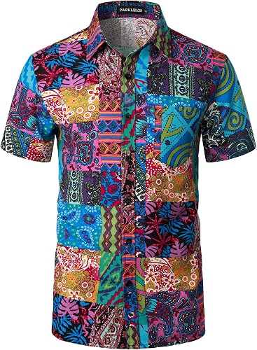 PARKLEES Camisa para hombres de algodón y lino con patrón vintage estampado estilo antiguo