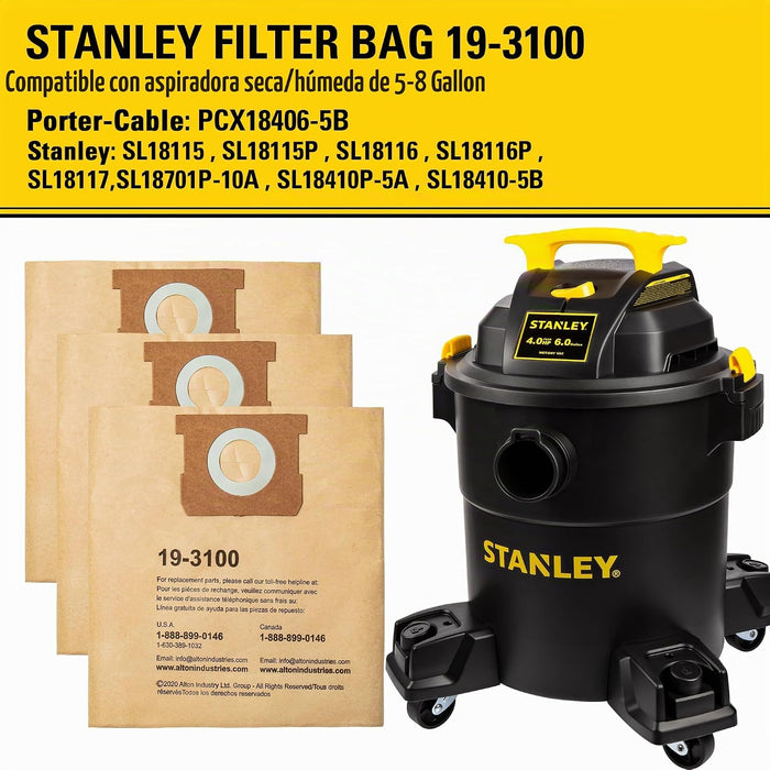Stanley Bolsas de filtro desechables de 5 a 8 galones para aspiradoras de líquidos y sólidos (paquete de 3)