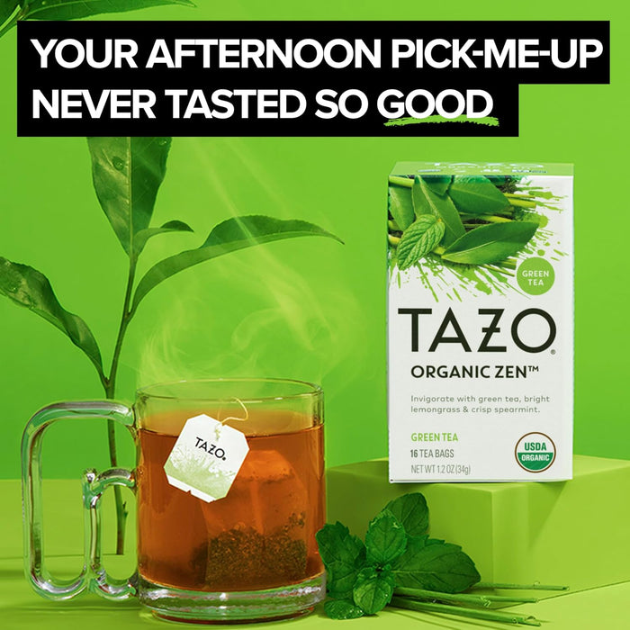 TAZO Té verde Zen orgánico, té con cafeína con hierba de limón refrescante 16 bolsas