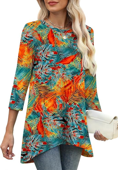 OFEEFAN Playera tipo túnica para mujer, ajuste holgado de manga 3/4 con dobladillo asimétrico