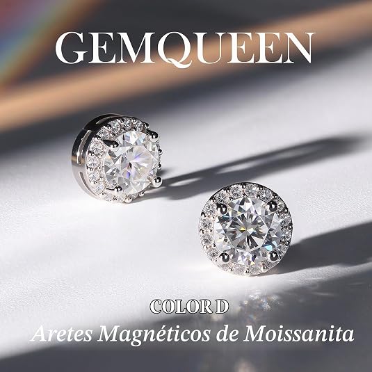 Aretes Magnéticos de Moissanita para Hombres: Chapado en Oro Blanco 18K