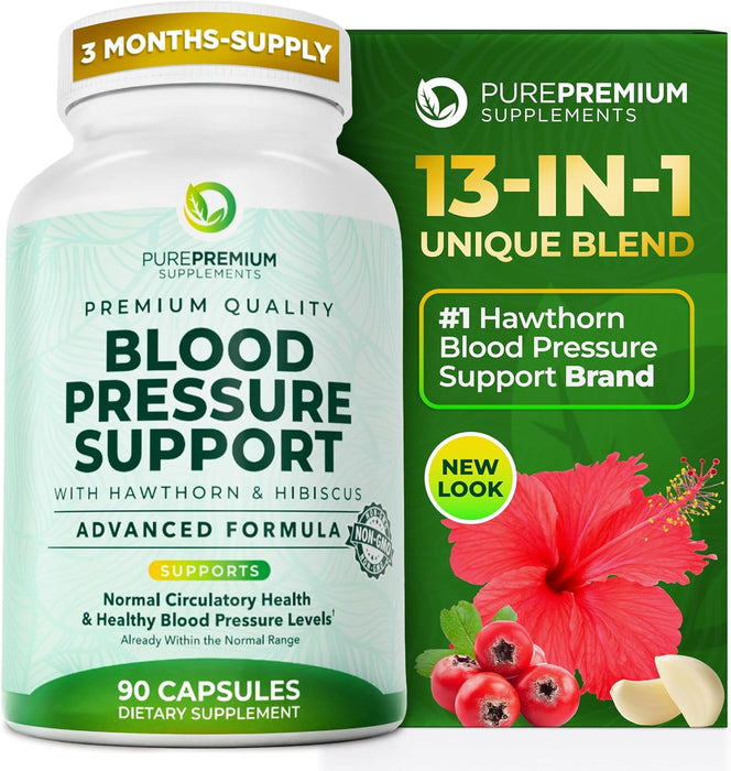 PurePremium Suplementos para la presión arterial con baya de espino, hibisco, ajo y vitamina B12, 90 cápsulas