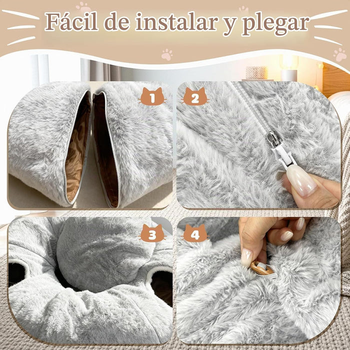 Túneles de gato de 4 agujeros para gatos de interior de felpa en forma de dona color gris