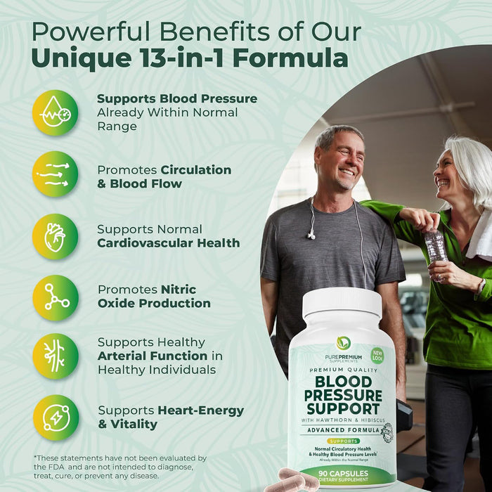 PurePremium Suplementos para la presión arterial con baya de espino, hibisco, ajo y vitamina B12, 90 cápsulas