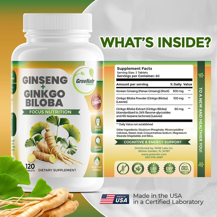 GreeNatr Suplemento de ginko biloba y panax ginseng - Suplemento cerebral de ginseng rojo 120 tabletas