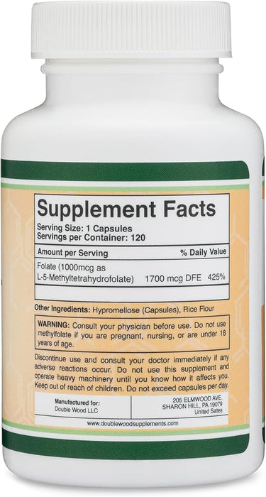 Metilfolato 1000 mcg, 120 cápsulas (suplemento de metilfolato)