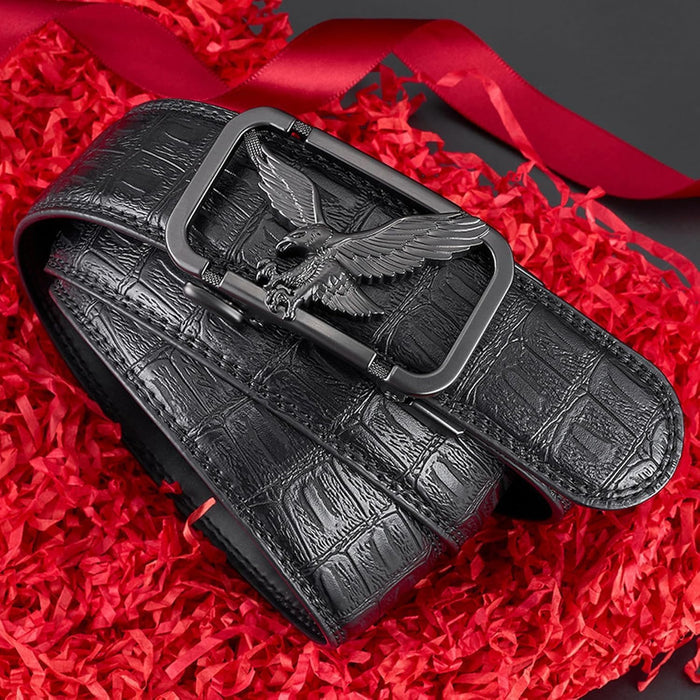 Cinturón único con patrón de águila para hombre, hebilla automática, de piel de vaca