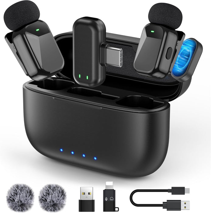 HEHOTTC Mini micrófonos Lavalier inalámbricos para iPhone 15/16/17 y Android, batería de 30 horas de duración con estuche de carga