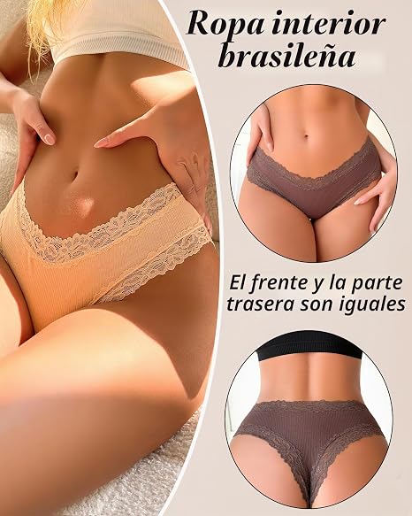 Ropa interior de algodón para mujer, sexy, con encaje, brasileñas