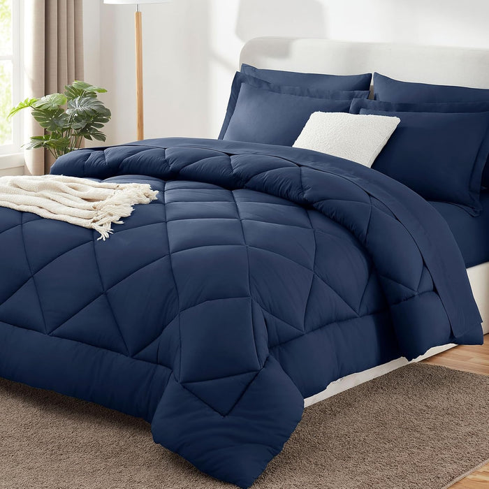 Juego de edredón Queen azul marino – Cama en una bolsa tamaño Queen de 7 piezas