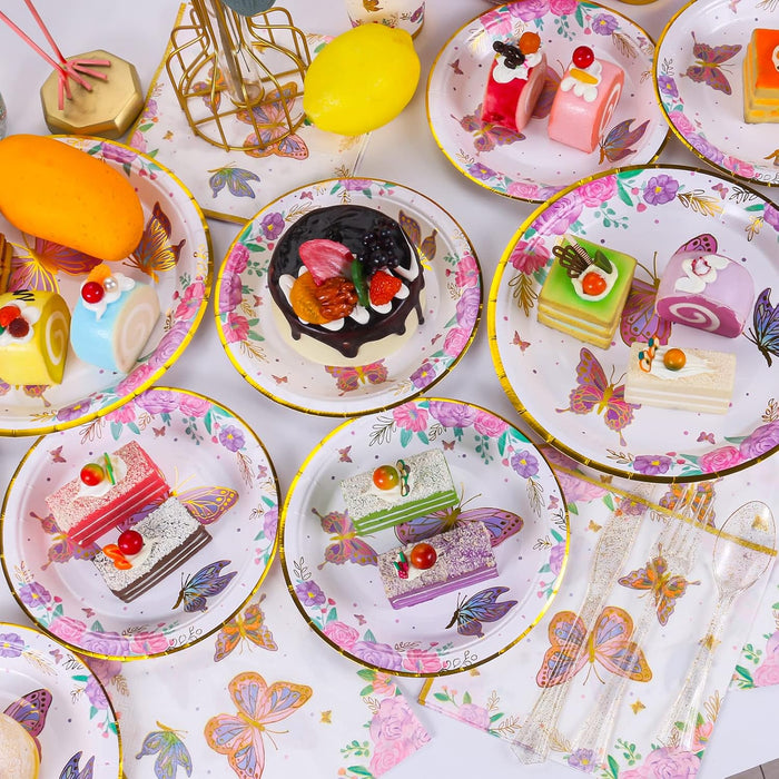 Suministros para fiestas de mariposas: platos, vasos, servilletas, tenedores y decoraciones para 24 invitados
